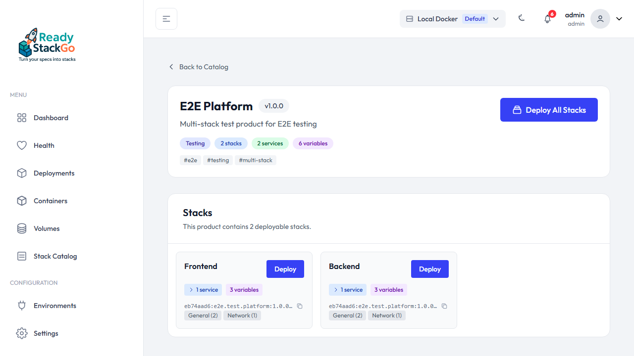 Produkt-Detailseite mit Stack-Übersicht und Deploy All Button