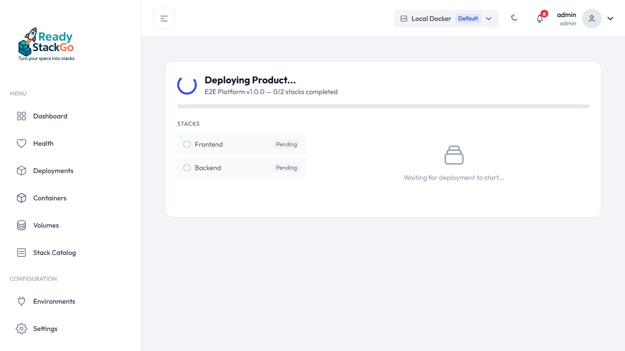 Split-View Deployment-Fortschritt mit Stack-Liste und Detail-Panel