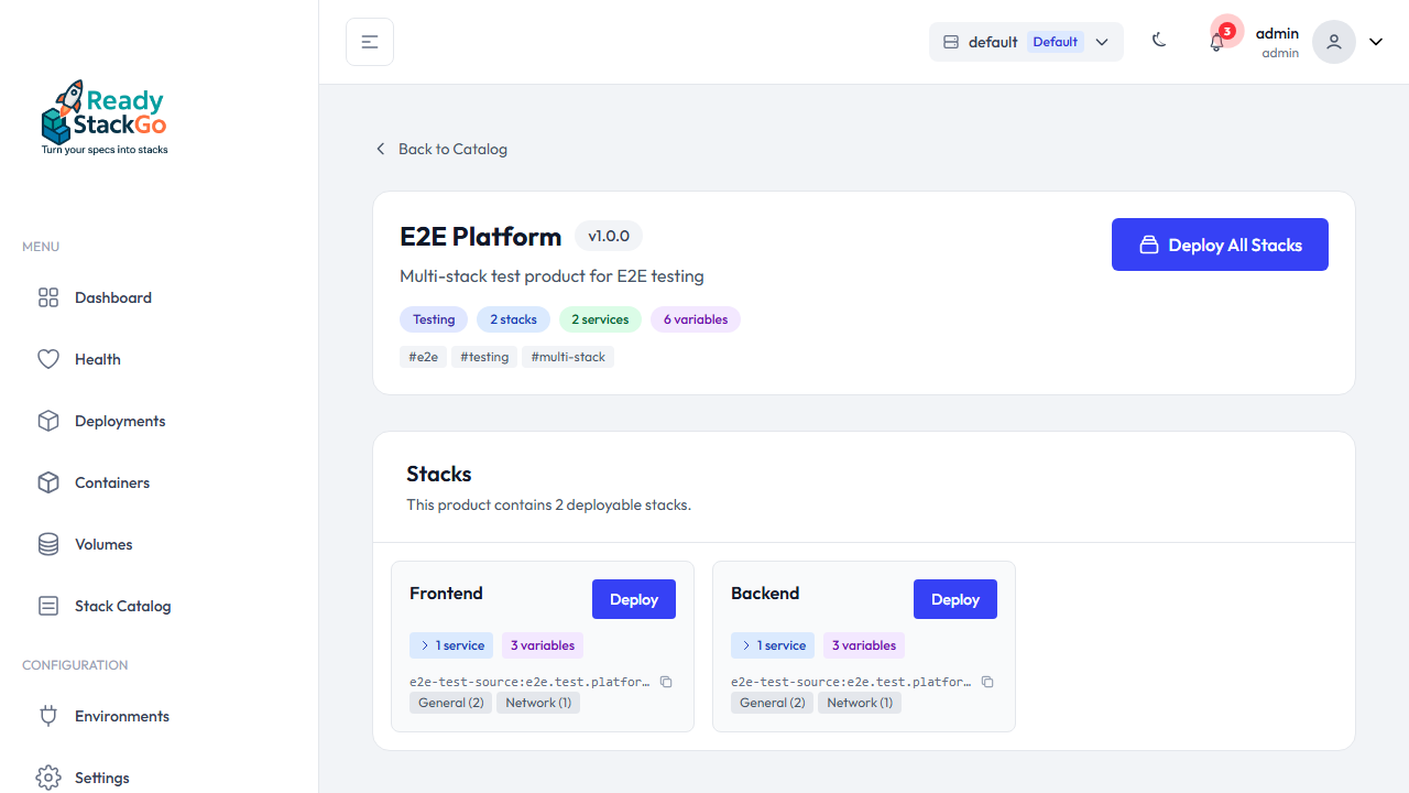 Produkt-Detailseite mit per-Stack Deployment Status