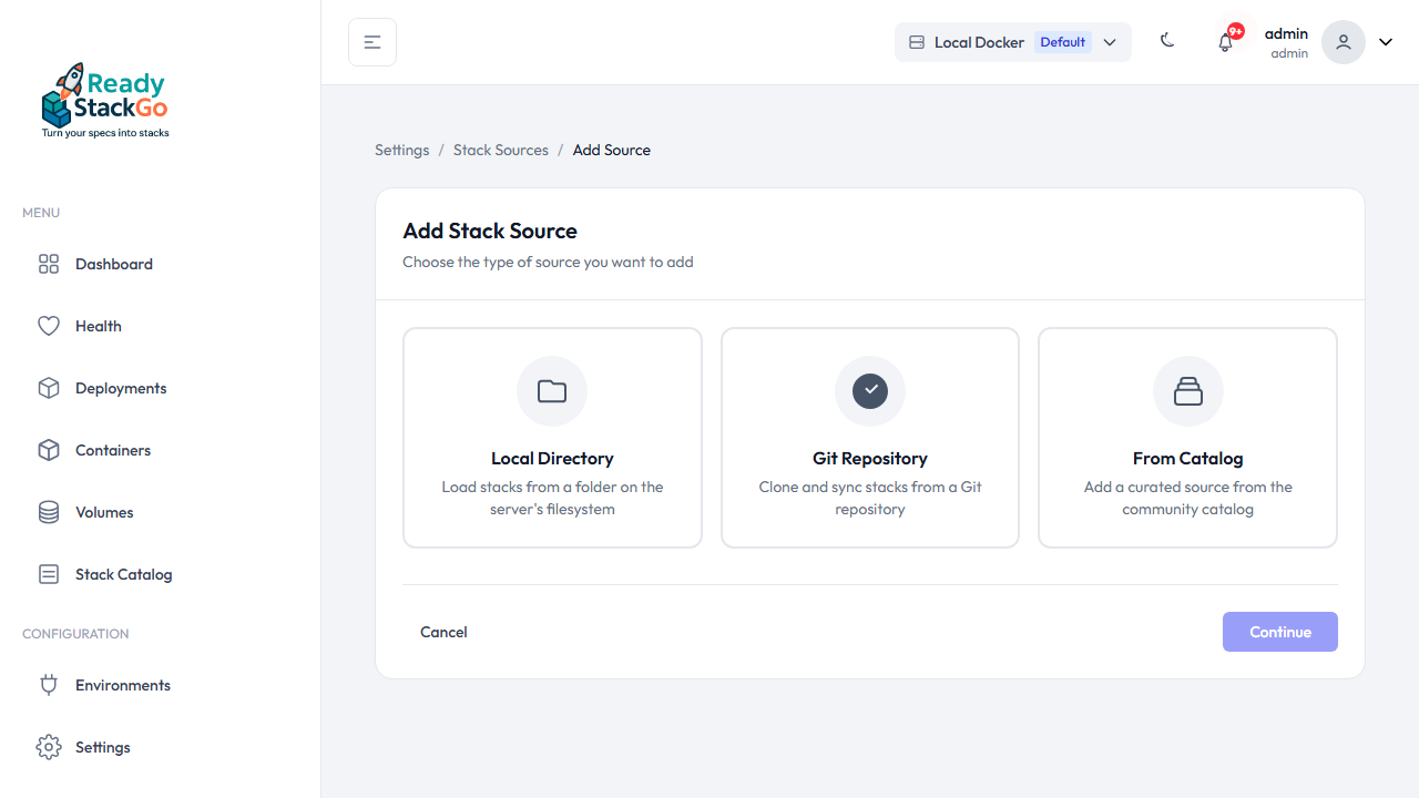 Quelltyp-Auswahl mit drei Optionen
